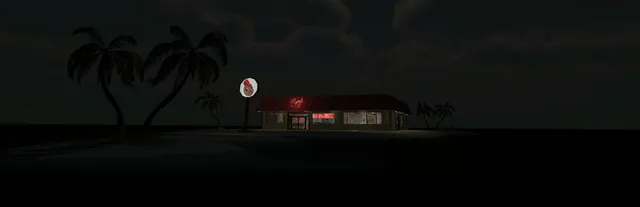 Manny's key art: a lone fast food restaurant with a red roof and glowing sign stands on a dark island among palm trees at night