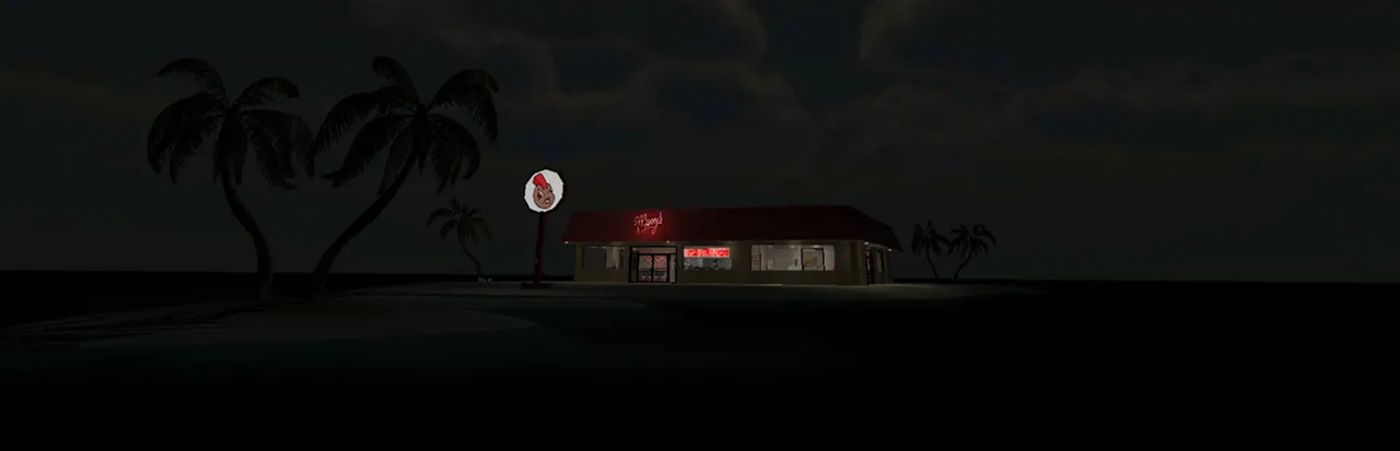 Manny's key art: a lone fast food restaurant with a red roof and glowing sign stands on a dark island among palm trees at night