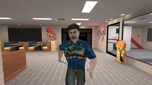 Manny's screenshot: a mustached customer in a Hawaiian shirt walks toward the player holding a knife in the restaurant's dining room