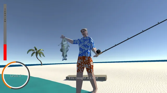 Manny's screenshot: the castaway holds up a cod on a sunny beach during the fishing minigame, a tension bar at the left