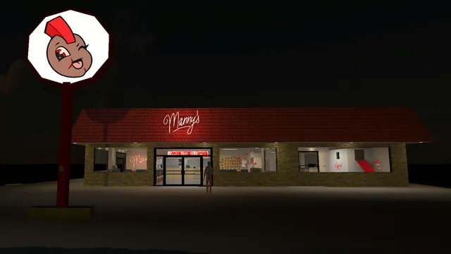 Manny's screenshot: the castaway in a Hawaiian shirt stands at the lit entrance of Manny's at night under its winking mascot sign