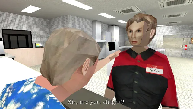 Manny's screenshot: an employee named Tyler in a red uniform asks the castaway if he is all right behind the counter
