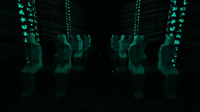 Manny's screenshot: rows of faceless green figures kneel in the dark between columns of glowing symbols