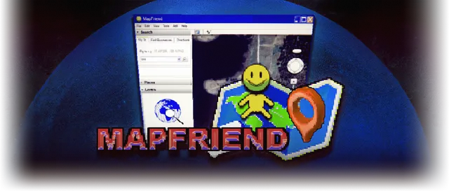 MapFriend title art: the MapFriend program window, a smiling yellow mascot and a red map pin over a blue globe