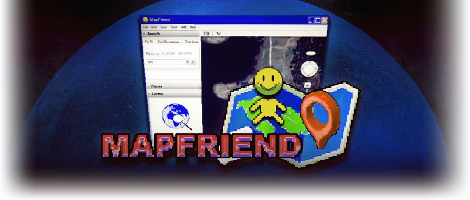 MapFriend title art: the MapFriend program window, a smiling yellow mascot and a red map pin over a blue globe