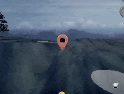 MapFriend screenshot: a grainy street view of a grey field at dusk with a red map pin ahead
