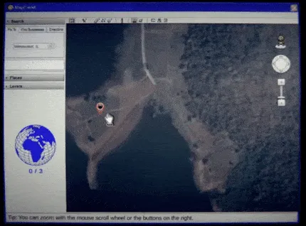 MapFriend screenshot: a satellite view of a dark island in the map program, with a globe and a 0 of 3 counter in the side panel