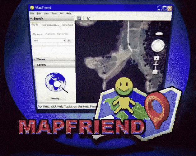 MapFriend cover: the MapFriend logo, mascot and map pin in front of the program window
