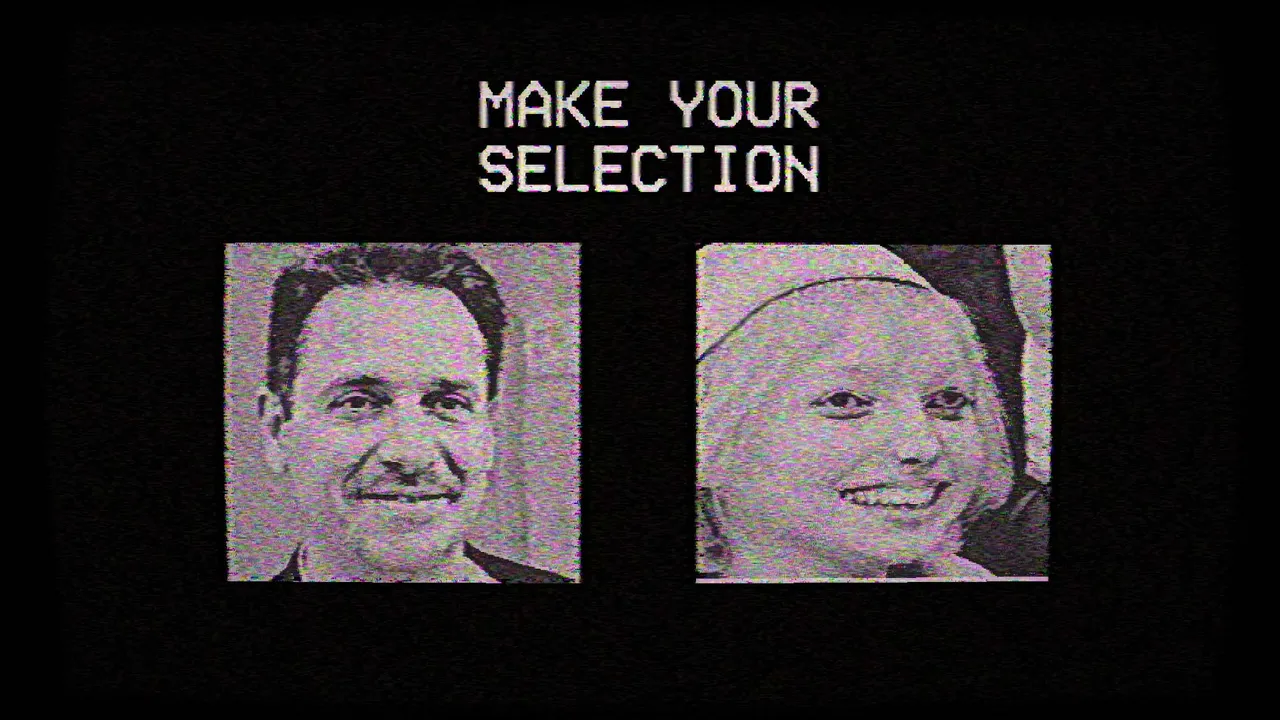 Maple County screenshot: a VHS screen reading Make your selection over two black-and-white photos of a smiling man and a smiling woman