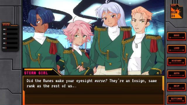 The squad in green uniforms aboard the ship, a stern girl asking if the Runes made your eyesight worse