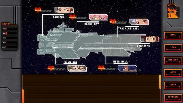 A map of the starship with rooms such as the library, cargo bay, training hall, sick bay and mess hall