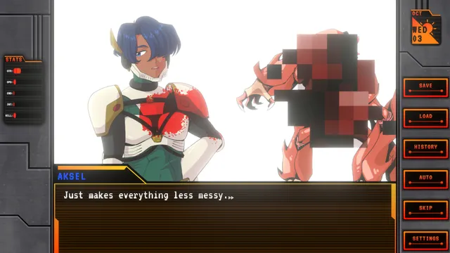 A pixelated, blood-red creature beside a soldier in a mech suit who says 'Just makes everything less messy...'