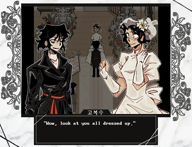 Bok-su in black and the bride in a white dress and veil face each other at the wedding, with the line Wow, look at you all dressed up