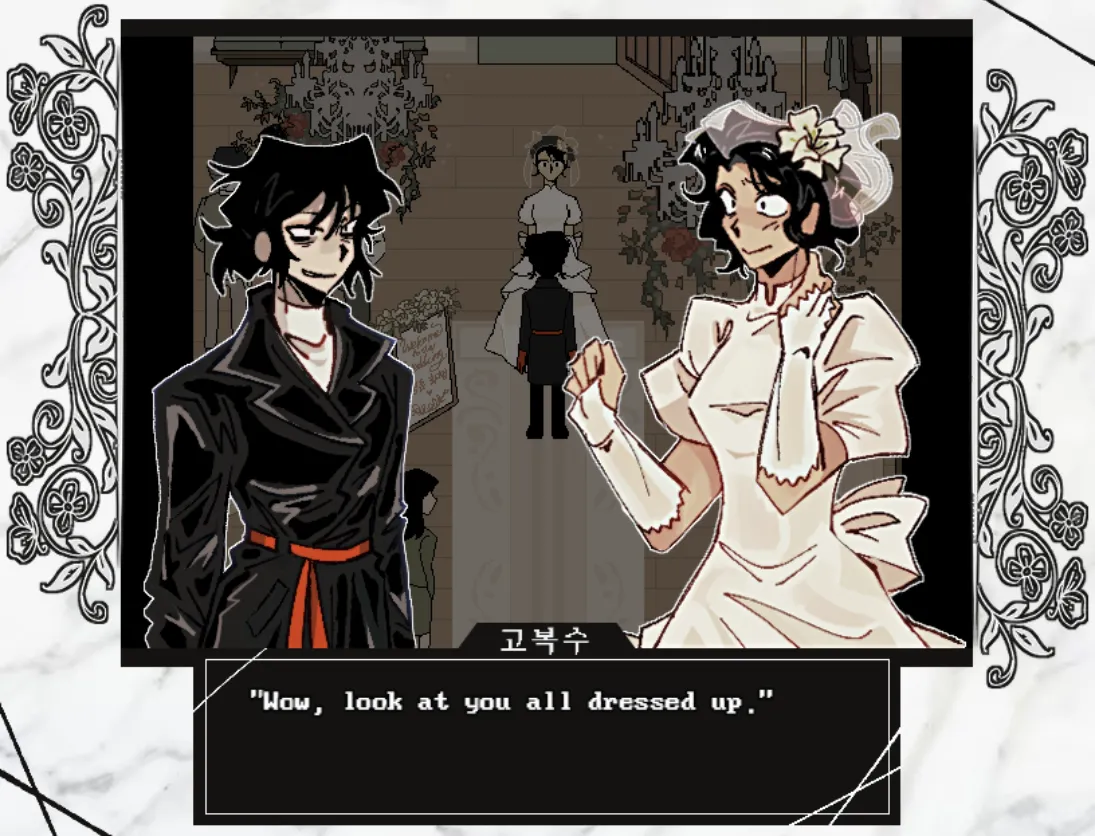Bok-su in black and the bride in a white dress and veil face each other at the wedding, with the line Wow, look at you all dressed up