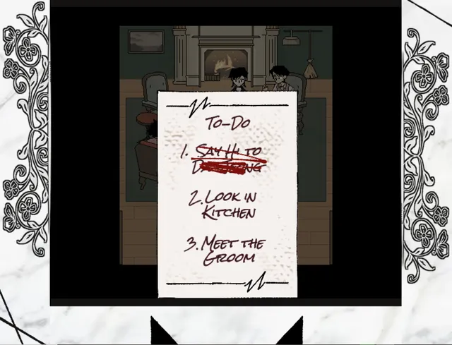 A hand-written to-do list over a dim room: say hi, look in the kitchen, meet the groom