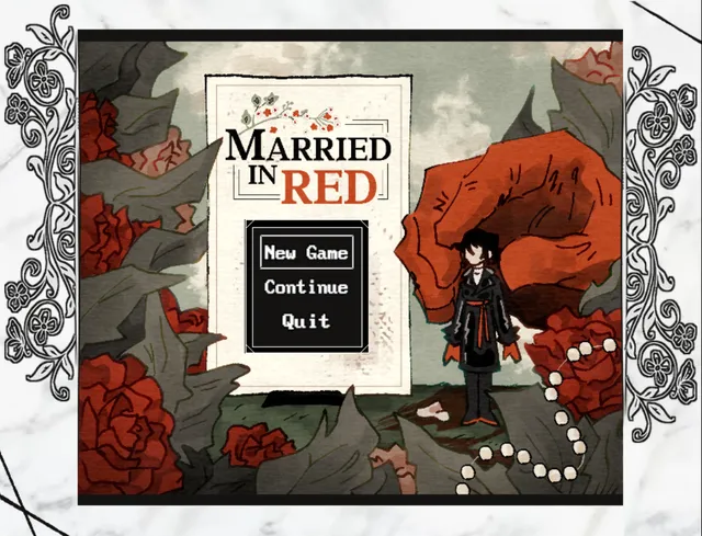 The title screen: Bok-su standing among red roses and a giant red hand, beside the Married in Red menu
