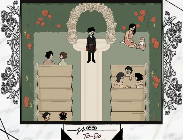 Pixel-art wedding ceremony garden with a flower arch, rows of seated guests and Bok-su standing in the aisle