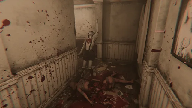 A doll standing in a blood-spattered corridor above bodies lying on the floor