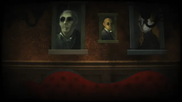 Masochisia screenshot: portraits with hollow black eyes hanging over a red sofa