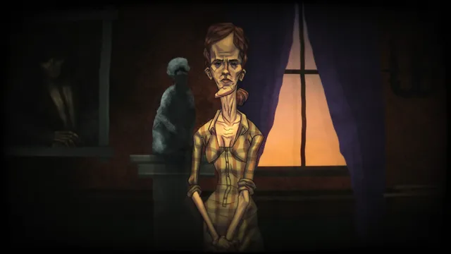 Masochisia screenshot: a thin, tired woman by a curtained window with a shadowy figure behind her
