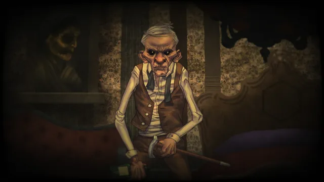 Masochisia screenshot: a gaunt old man with black eyes sitting with a cane in a dim room