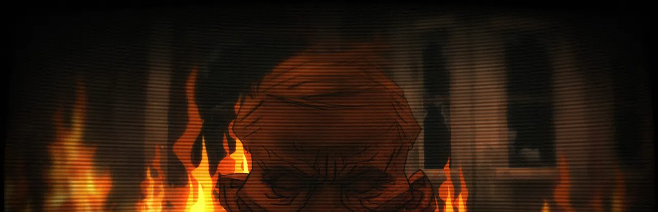 Masochisia key art: a hand-drawn gaunt head in front of flames and a dark house, with a scan-line filter