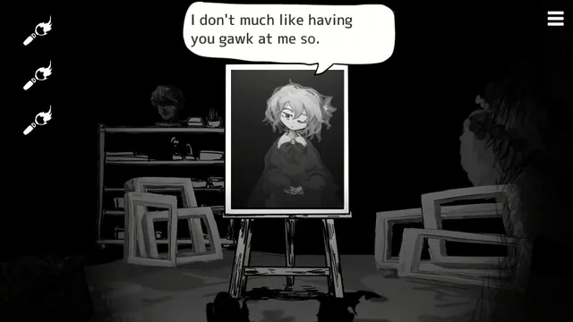 Matsuro Palette screenshot: the painted girl saying I don't much like having you gawk at me so