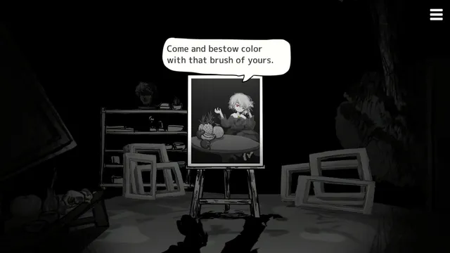 Matsuro Palette screenshot: a dark studio with the girl's black and white portrait on an easel saying come and bestow color with that brush of yours