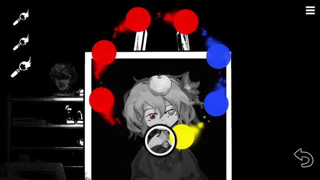 Matsuro Palette screenshot: choosing red, blue and yellow paint around the girl's portrait, an apple on her head