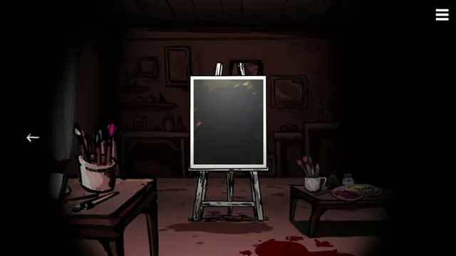Matsuro Palette screenshot: an empty canvas on an easel in a red-lit room with blood on the floor