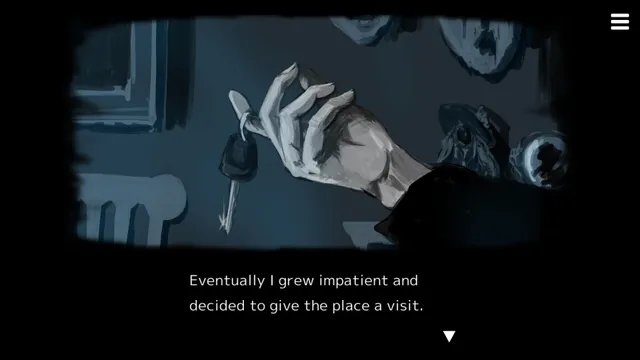 Matsuro Palette screenshot: a hand holding a key in a blue drawn scene with the text eventually I grew impatient and decided to give the place a visit