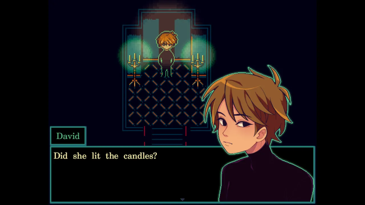Mausoleosis screenshot: David before a candlelit altar asks did she light the candles