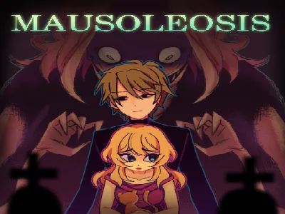 Mausoleosis cover: David and a blonde woman holding a teddy bear between gravestone crosses, under a shadowy clawed figure