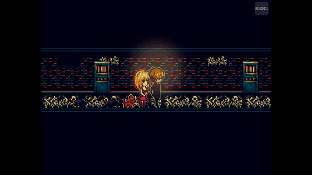 Mausoleosis screenshot: David and a blonde woman in a dark hall lined with rows of bones