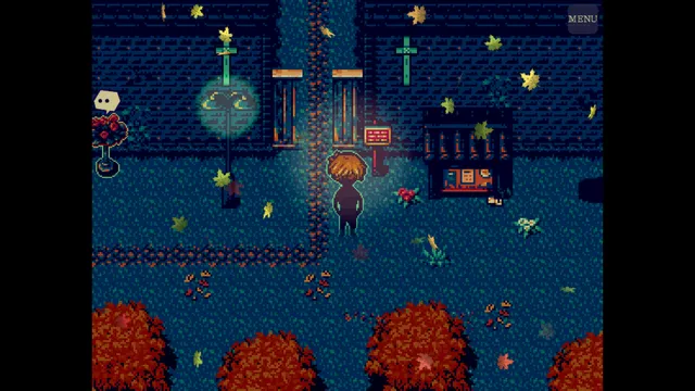 Mausoleosis screenshot: David walks a cemetery path at night among autumn leaves and lamps