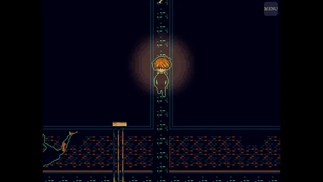Mausoleosis screenshot: David stands in a pool of light at the top of a narrow dark corridor