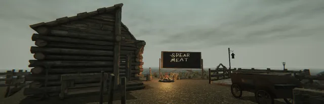 MAZEBOUND key art: a log cabin camp with a sign reading Spear Meat beside a campfire