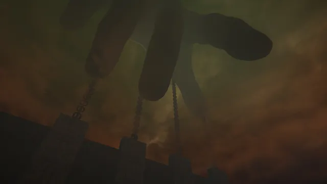 MAZEBOUND screenshot: a giant hand reaches over the chained top of the maze gate under a murky sky