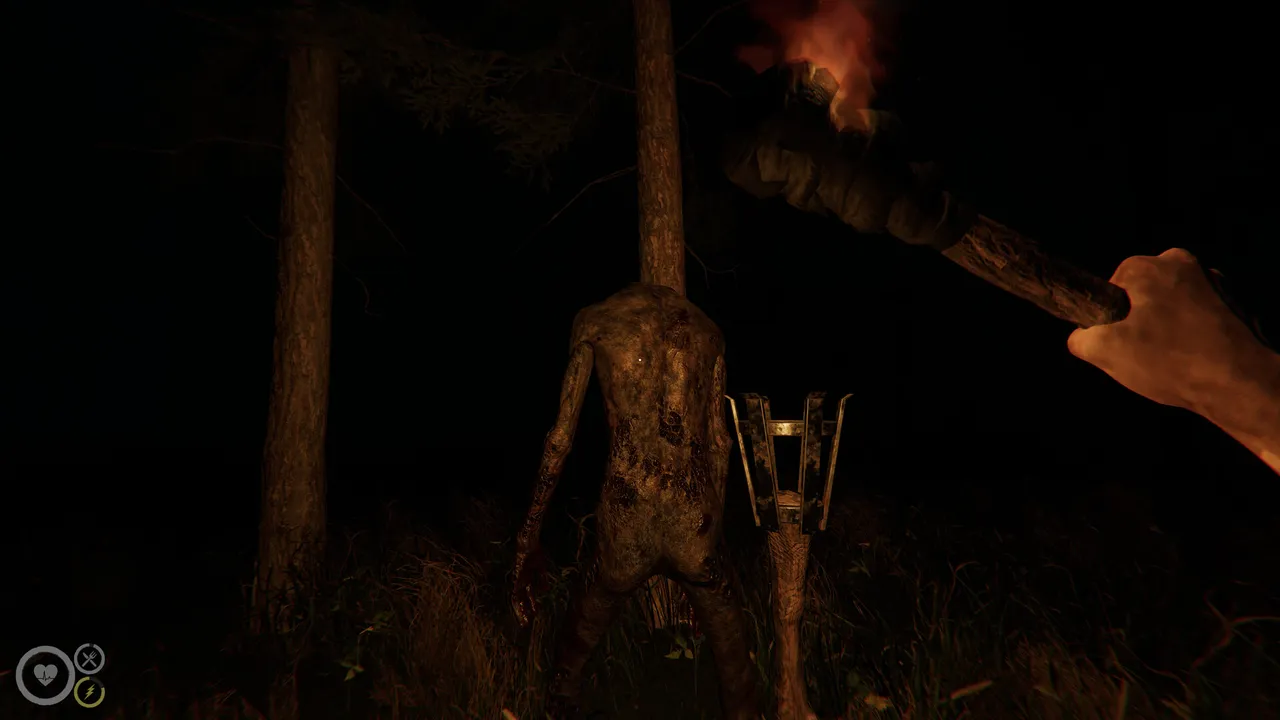 MAZEBOUND screenshot: a headless, emaciated creature stands among trees in the light of a torch