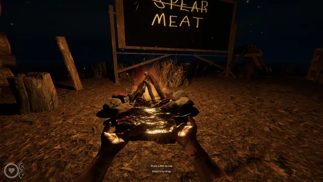 MAZEBOUND screenshot: the player holds a cut of meat over a campfire at night