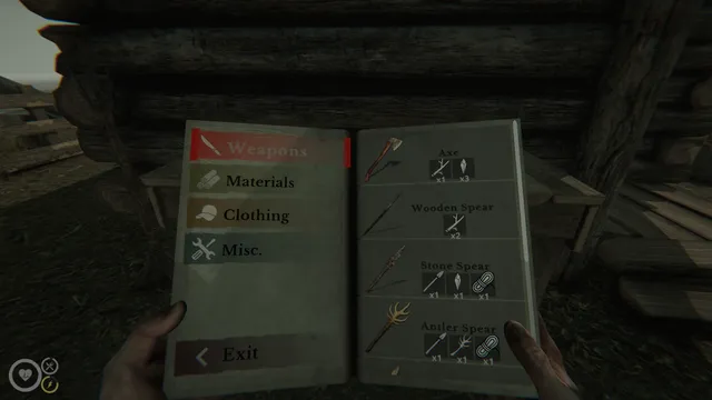 MAZEBOUND screenshot: the crafting book open on weapons such as axes and spears