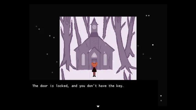Meat Girl screenshot: a red-haired girl walking through pale purple trees in the snow