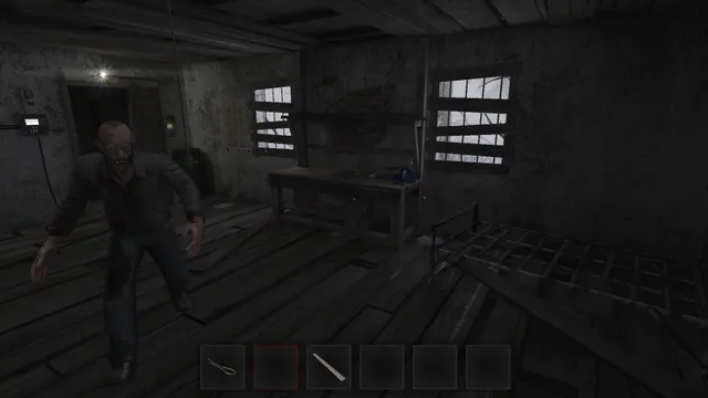 Metel - Horror Escape: a bloodied man walks toward you in a workshop with a barred window