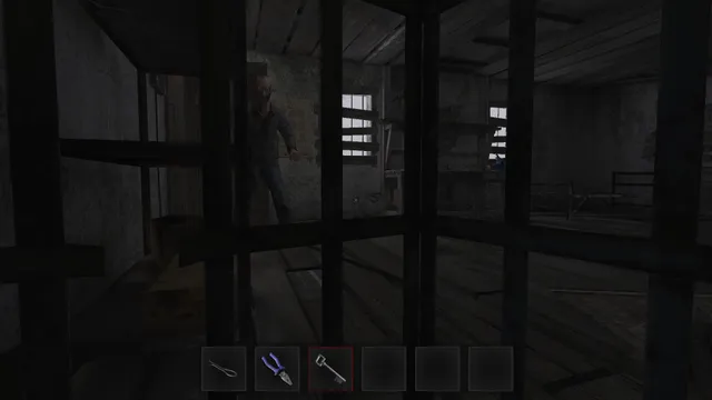 Metel - Horror Escape: looking out through the bars of the cage at a figure in the dark room