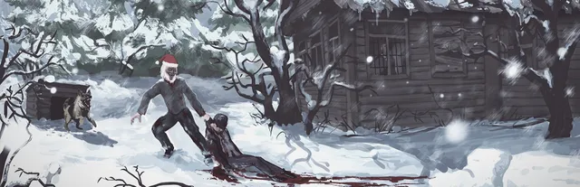 Metel - Horror Escape key art: a white-bearded man in a red hat drags a bloodied body through the snow outside a wooden house