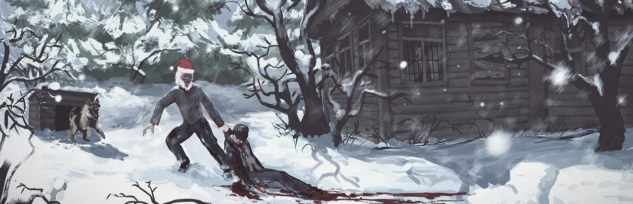 Metel - Horror Escape key art: a white-bearded man in a red hat drags a bloodied body through the snow outside a wooden house