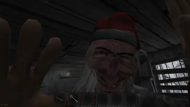 Metel - Horror Escape: the maniac in a red hat leans in close to the camera, hands raised