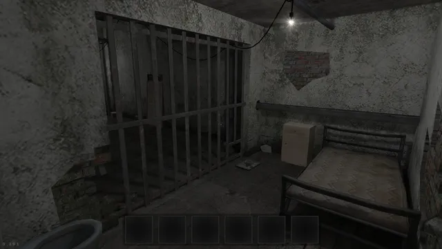 Metel - Horror Escape: a cell with bars, a metal bed and a bare bulb