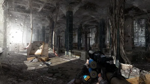 First-person view holding a shotgun in a ruined hall overgrown with thick roots