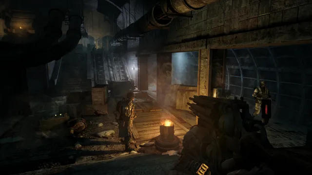 First-person view with a revolving shotgun in a firelit underground station, armed men nearby